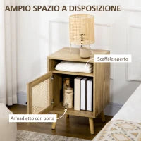Comodino per Camera da Letto Stile Boho con Armadietto e Ripiano Aperto in Legno e Rattan, 39x35x60 cm