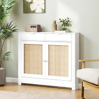 Copritermosifoni con ante in rattan, 2 scomparti, design bohémien. Bianco