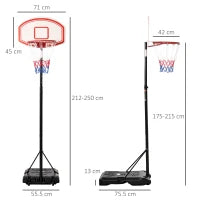 Canestro Basket Altezza Regolabile 5 Livelli 175-215cm, Struttura Metallo e Base Riempibile con Ruote, Tabellone PE