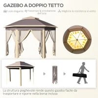 Gazebo Pieghevole da Giardino 4x3.4 m ad Altezza Regolabile con Zanzariera e Doppio Tetto, Beige