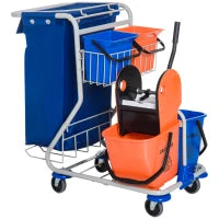 Carrello Pulizie Professionale con Sacco per Immondizia, 2 Secchi Lavapavimenti 18L, 2 Secchio Portaoggetti 6L, Strizzatore per Mocio, Gancio e Ruote per Hotel e Albergo, 93x80x97 cm, Arancione
