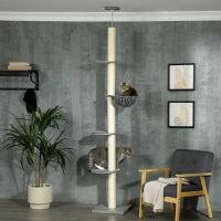 Albero Tiragraffi per Gatti con Amaca, Fermaglio a Soffitto, Alto fino al Soffitto, 40 x 40 x 250 cm, Grigio Bianco Crema