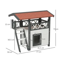 Casetta per Gatti da Esterno con Terrazza e Scaletta in Legno, 77x50x73cm, Bianco e Grigio