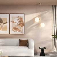 Lampada a Sospensione con 2 Paralumi in Vetro e Filo Regolabile, in Metallo, 32x15x51 cm, Bianca e Oro