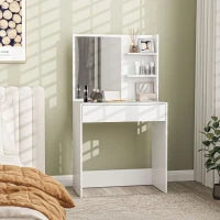 Tavolo da Trucco a 3 Ripiani e Cassetti con Specchio e Sgabello, in Truciolato, 75x40x137 cm, Bianco