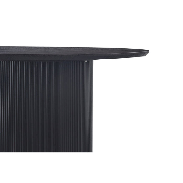 Tavolo da pranzo rotondo VAGOS effetto legno marrone scuro, ideale per una sala da pranzo accogliente.