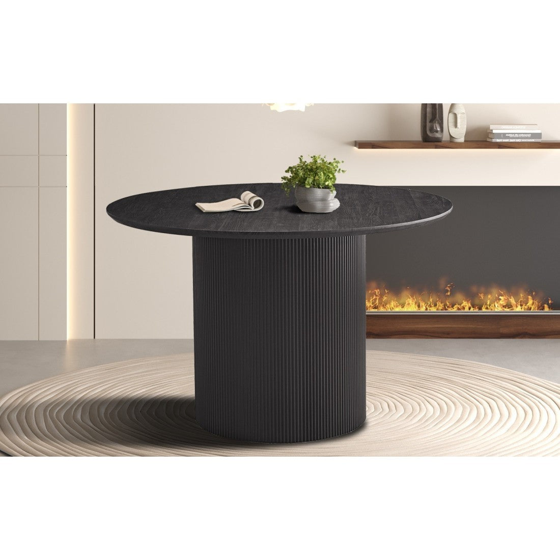 Tavolo da pranzo rotondo VAGOS effetto legno marrone scuro, ideale per una sala da pranzo accogliente.