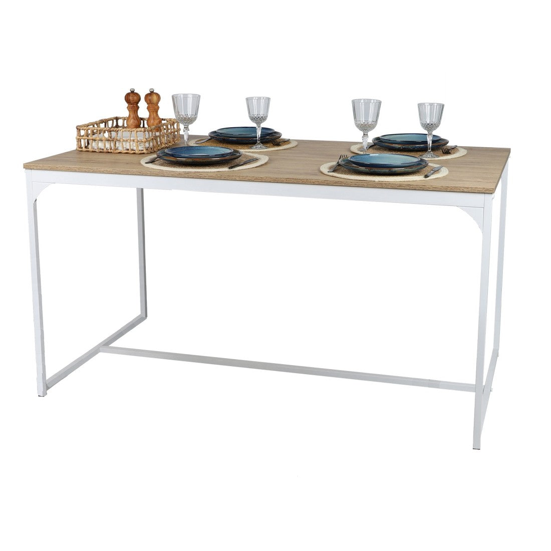Tavolo da pranzo stile industriale collezione PUEBLO - Colore rovere chiaro con piede in metallo bianco, dimensioni 150x80x75 cm.