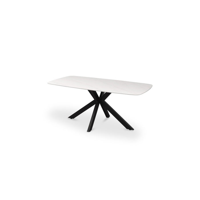 Tavolo da pranzo VINCI lunghezza 180cm con piano di 10mm in pietra effetto marmo bianco.
