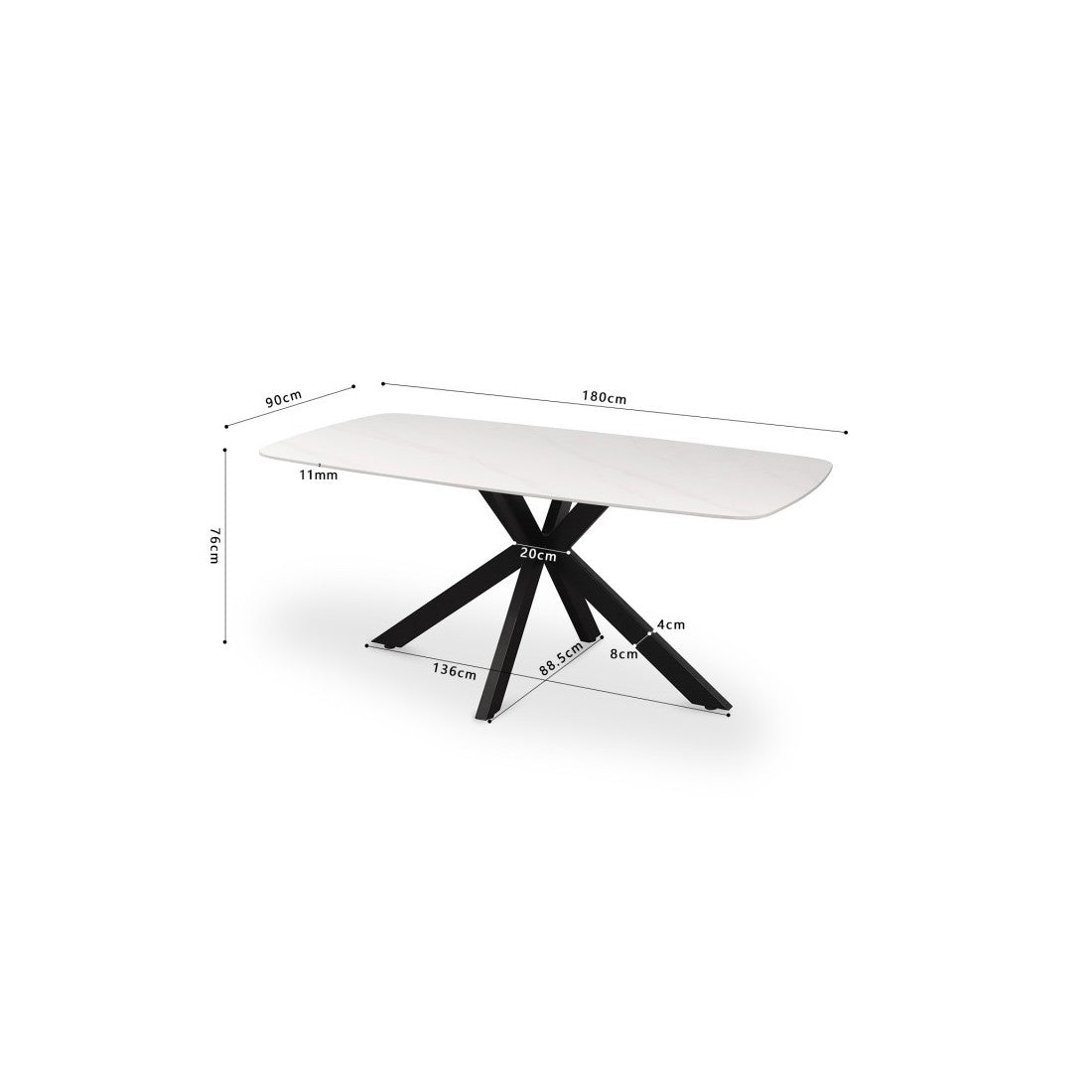 Tavolo da pranzo VINCI lunghezza 180cm con piano di 10mm in pietra effetto marmo bianco.