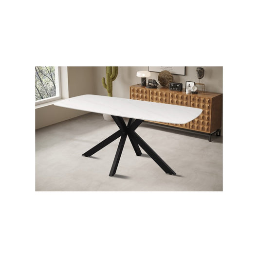 Tavolo da pranzo VINCI lunghezza 180cm con piano di 10mm in pietra effetto marmo bianco.