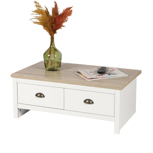 Tavolino basso con 2 cassetti stile coloniale - 90x53xH36 cm, colore bianco e piano in rovere chiaro - Collezione MADERA
