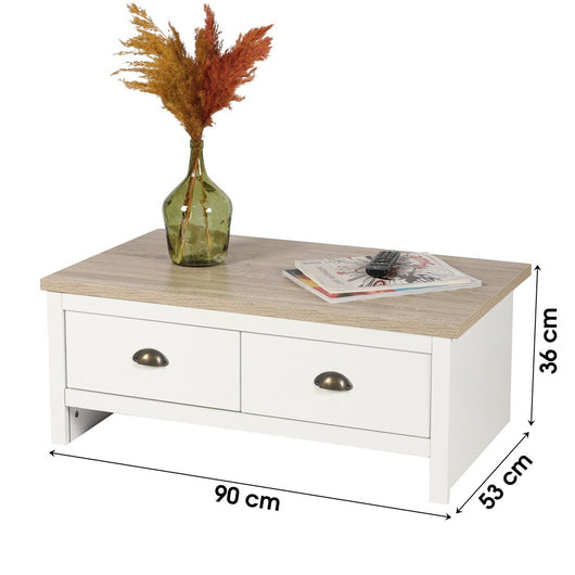 Tavolino basso con 2 cassetti stile coloniale - 90x53xH36 cm, colore bianco e piano in rovere chiaro - Collezione MADERA