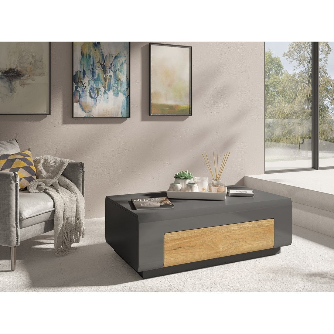 Tavolino collezione OHIO. Mobile stile CONTEMPORANEO color grigio e quercia.