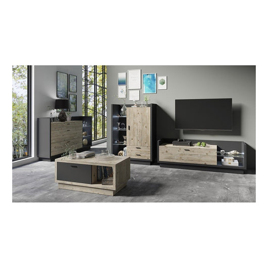 Tavolino basso CORK 110x46x60 cm con cassetto e nicchia, colore effetto pino e grigio antracite