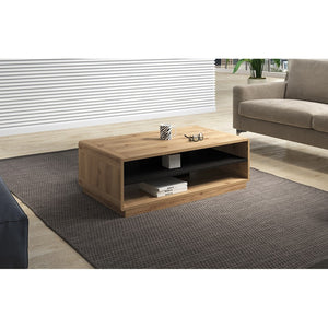 Tavolino color quercia e nero collezione VILLA con nicchie per il deposito.