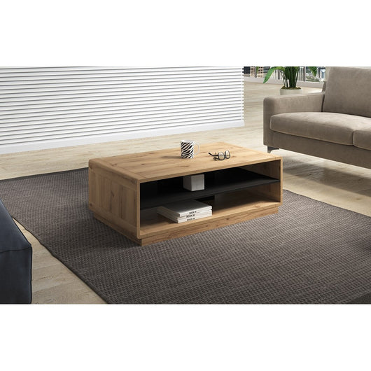 Tavolino color quercia e nero collezione VILLA con nicchie per il deposito.