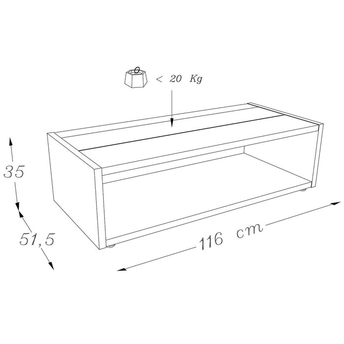 Tavolino basso DANN nero con fascia bianca lucida - 116 x 51 x 34 cm