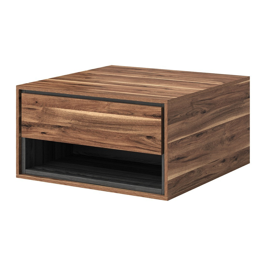 Tavolino basso design con 2 cassetti e vani portaoggetti - Collezione SYLVA - Colore rovere e grigio