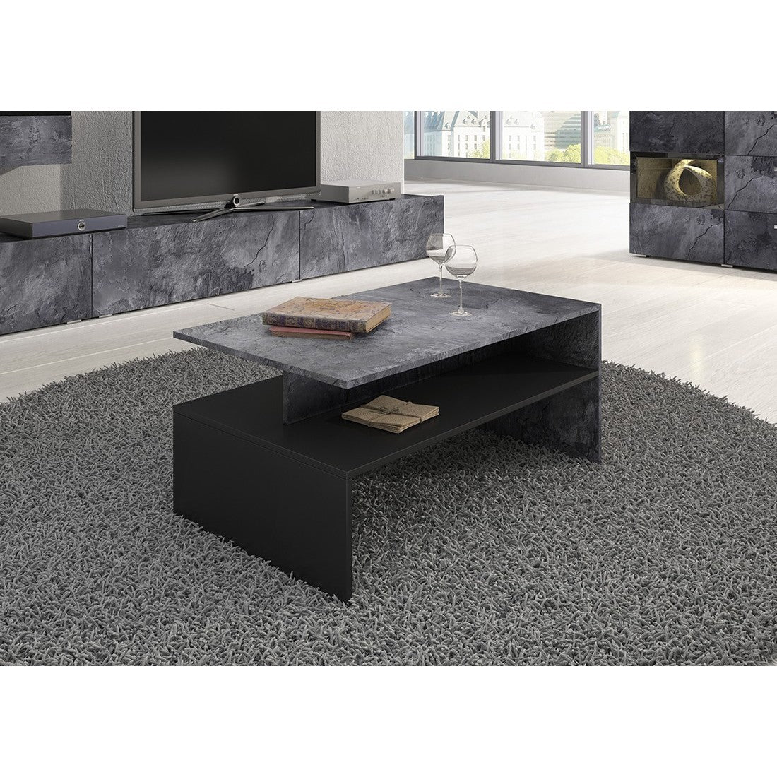 Tavolino da salotto design collezione RAMOS colore grigio effetto ardesia e nero.