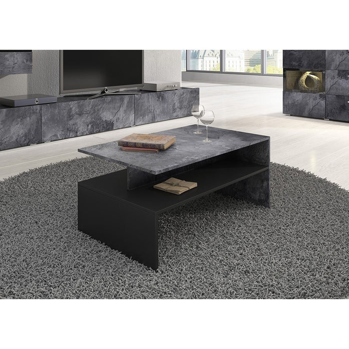 Tavolino da salotto design collezione RAMOS colore grigio effetto ardesia e nero.