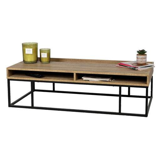 Tavolino basso in legno con due nicchie - Colore rovere e gambe in metallo nero, dimensioni 120x59xH35 cm - Collezione Yochi