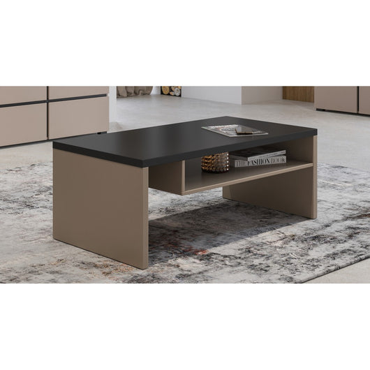 Tavolino basso HAVANA – Beige e nero – Piano nero opaco – Con nicchia – Eleganza sobria e moderna