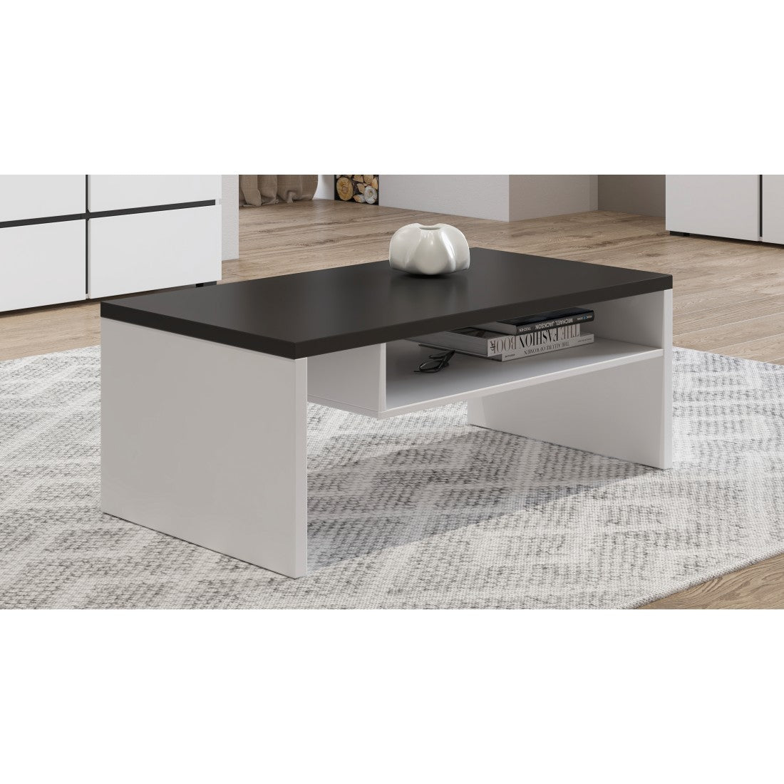 Tavolino basso HAVANA – Bianco opaco e nero – Piano nero opaco – Con nicchia – Design moderno