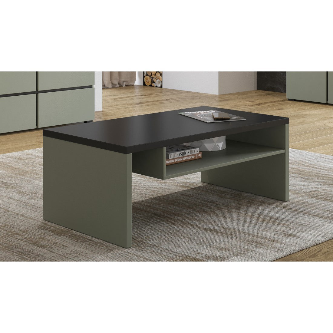Tavolino basso HAVANA – Verde salvia e nero – Piano nero opaco – Con nicchia – Design moderno