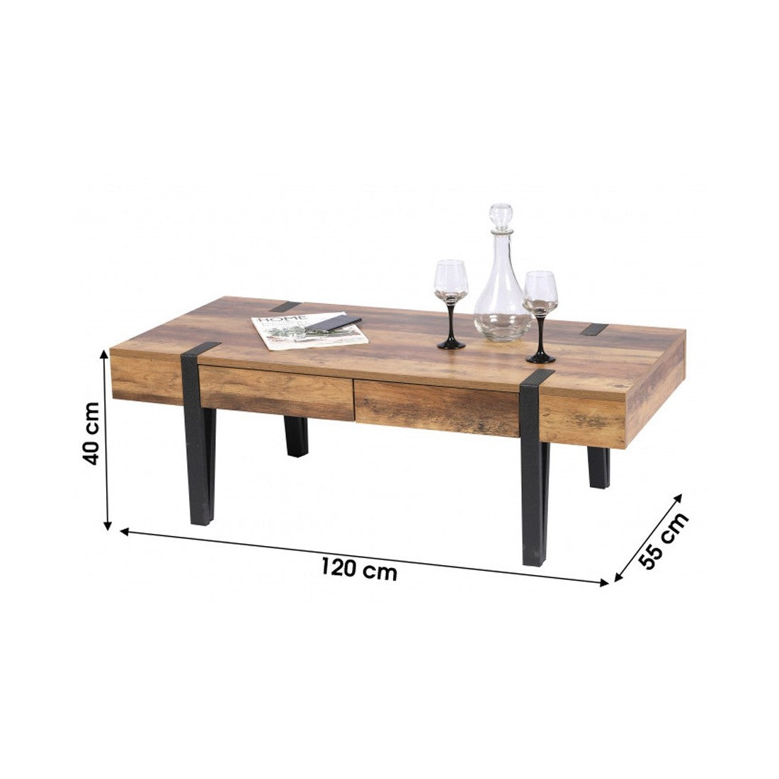 Tavolino Basso LOVY – Legno con Piedi in Metallo, 2 Cassetti