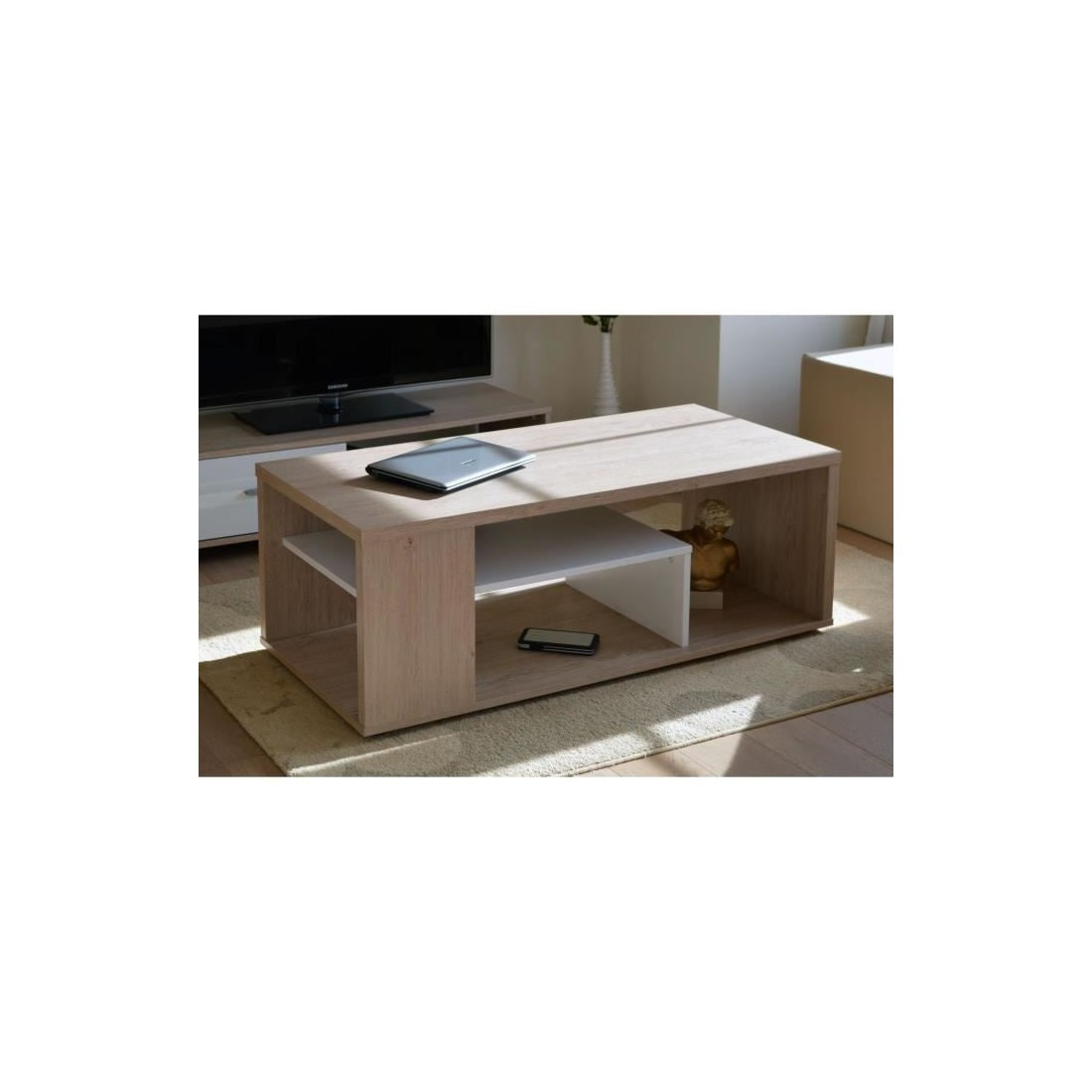 Tavolino basso MELINA in rovere e bianco - Design moderno - 111 x 41 x 50 cm