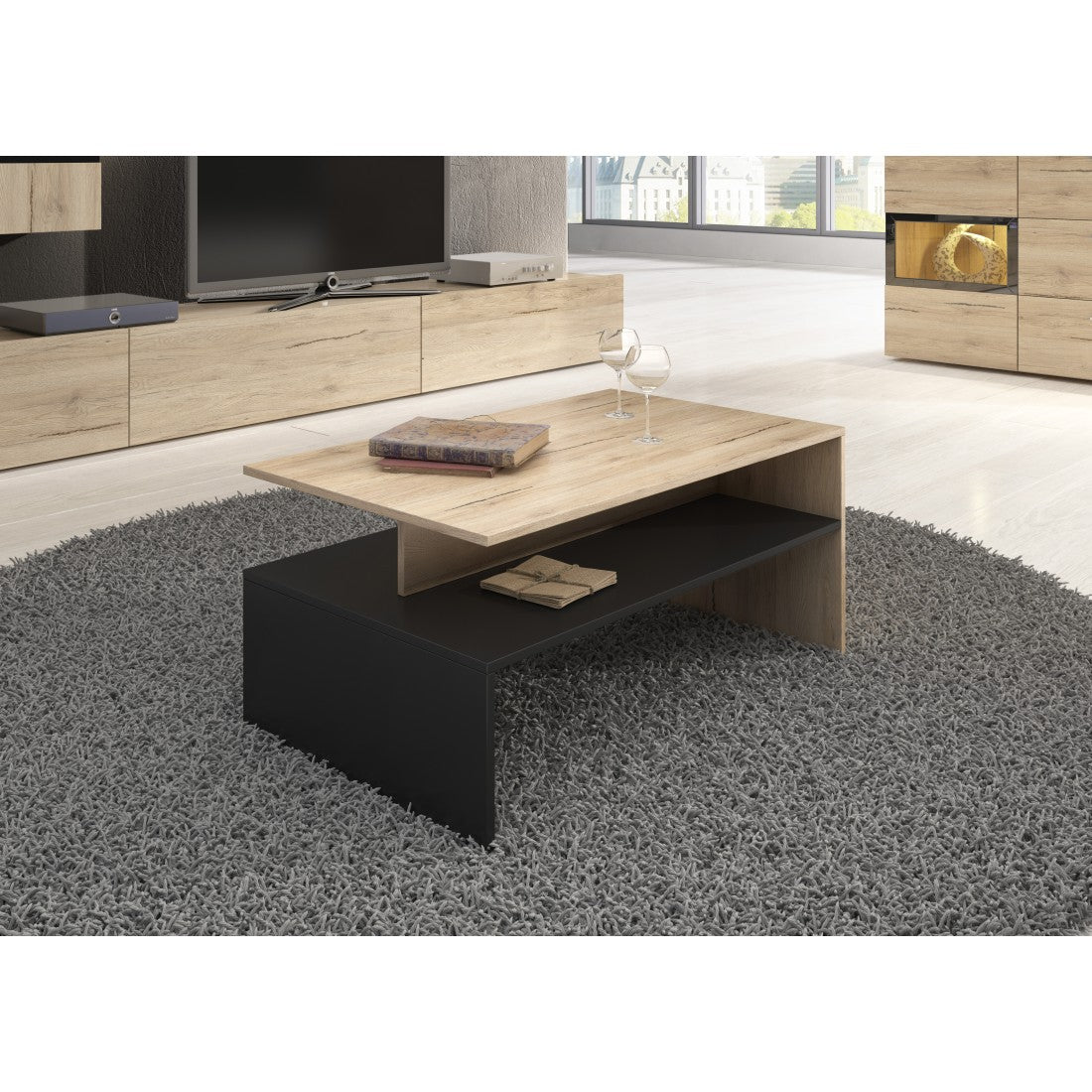 Tavolino basso design RAMOS - Rovere e nero