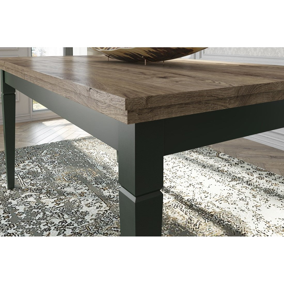 Tavolino basso rettangolare collezione ASSIA. Colori verde e rovere.