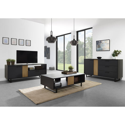 Tavolino basso robusto collezione LOFT Colori nero e rovere. Piedi in metallo nero.
