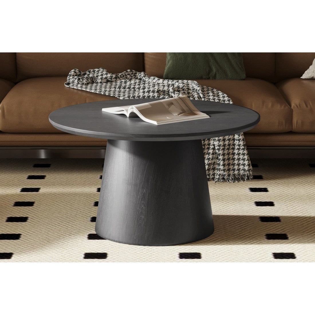 Tavolino basso rotondo BOKOR – Decorazione marrone scuro – Forma originale – D80 x H42 cm