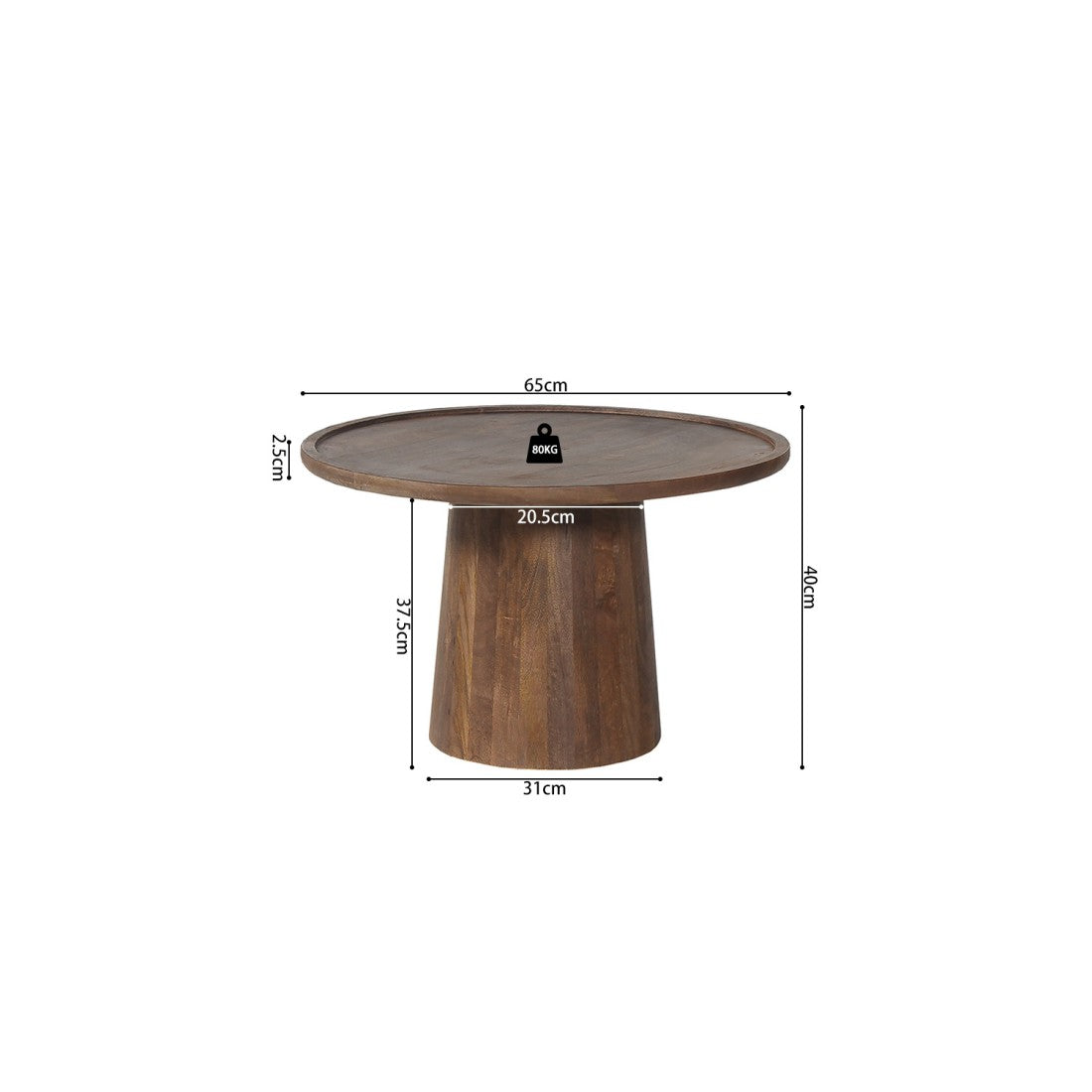 Tavolino basso rotondo in legno massiccio collezione JAKARTA - Stile etnico e design - Diametro 65 cm
