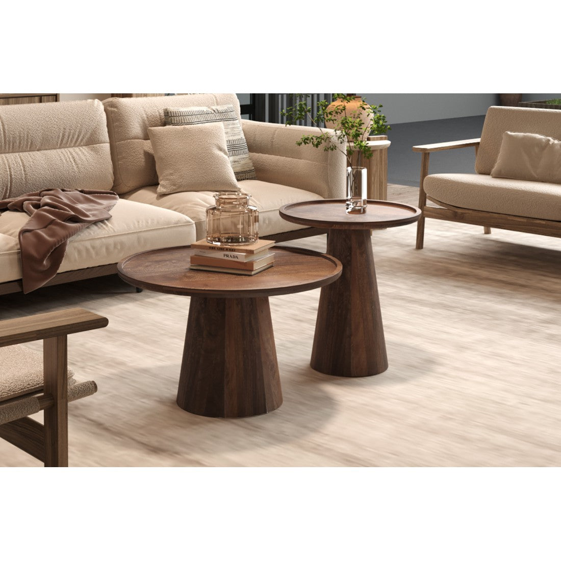 Tavolino basso rotondo in legno massiccio collezione JAKARTA - Stile etnico e design - Diametro 65 cm