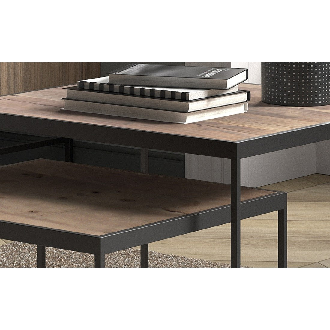 Tavolino basso RUBIK, tavolino nidificante, piano in legno massiccio esotico di Mangolia, ideale per un soggiorno contemporaneo.