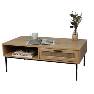 Tavolino basso rustico – Cassetto effetto iuta e nicchia, 110x60xH42 cm, colore rovere chiaro – Collezione SAVORY