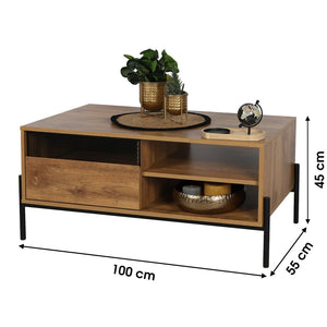 Tavolino basso stile rustico collezione HELIAS - Colore rovere scuro, gambe in metallo nero, dimensioni 60x49x110 cm