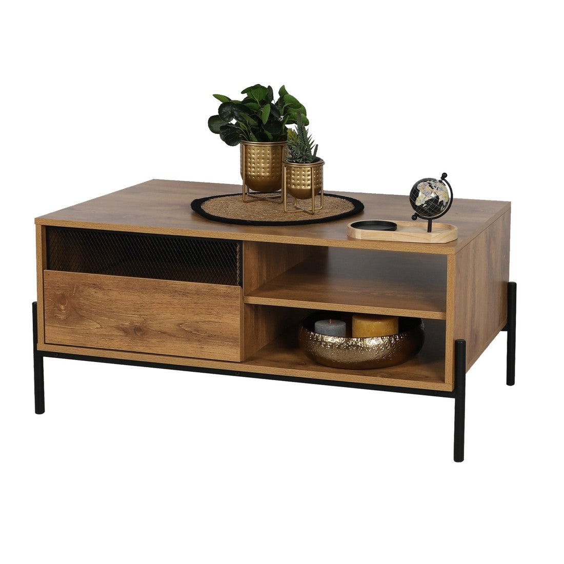 Tavolino basso stile rustico collezione HELIAS - Colore rovere scuro, gambe in metallo nero, dimensioni 60x49x110 cm