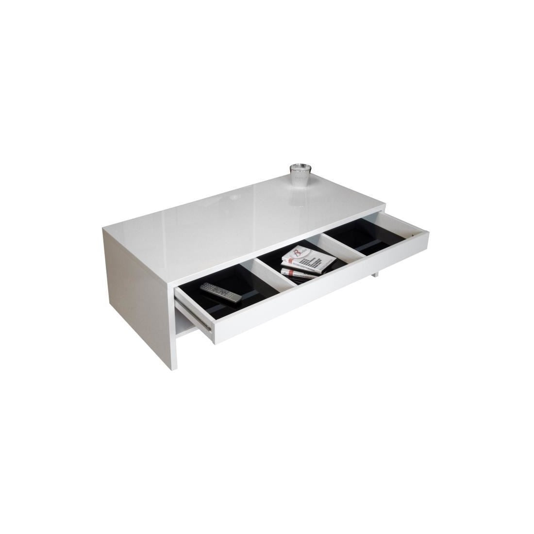 Tavolino basso TRIGO bianco - 1 cassetto con scomparti - 118 x 58 x 39 cm