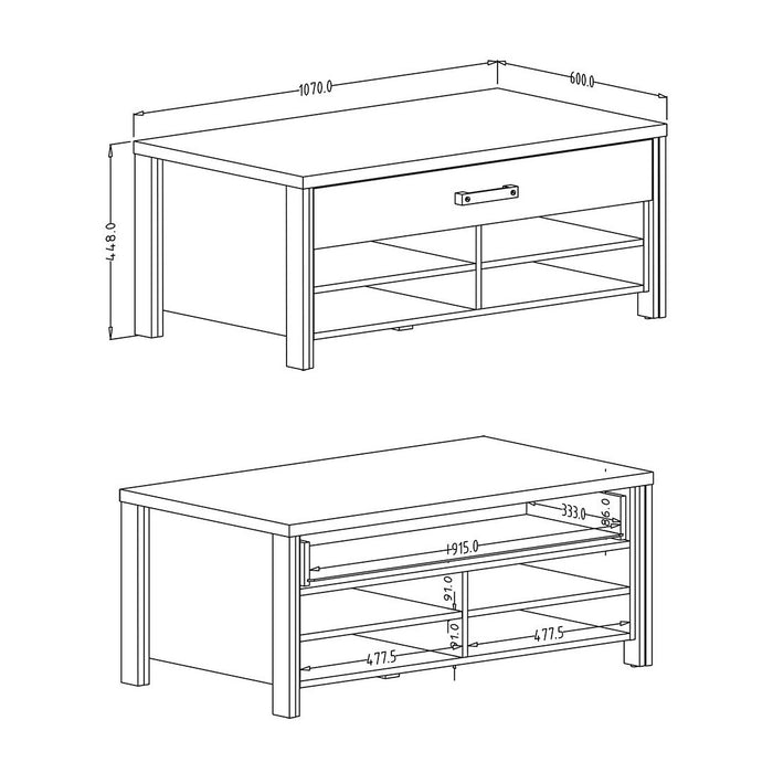 Tavolino WINDSOR - Rovere scuro e antracite - 1 cassetto, 4 nicchie - 107 x 44,8 x 60 cm