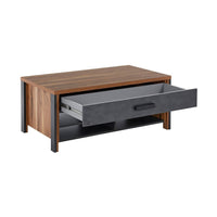 Tavolino WINDSOR - Rovere scuro e antracite - 1 cassetto, 4 nicchie - 107 x 44,8 x 60 cm