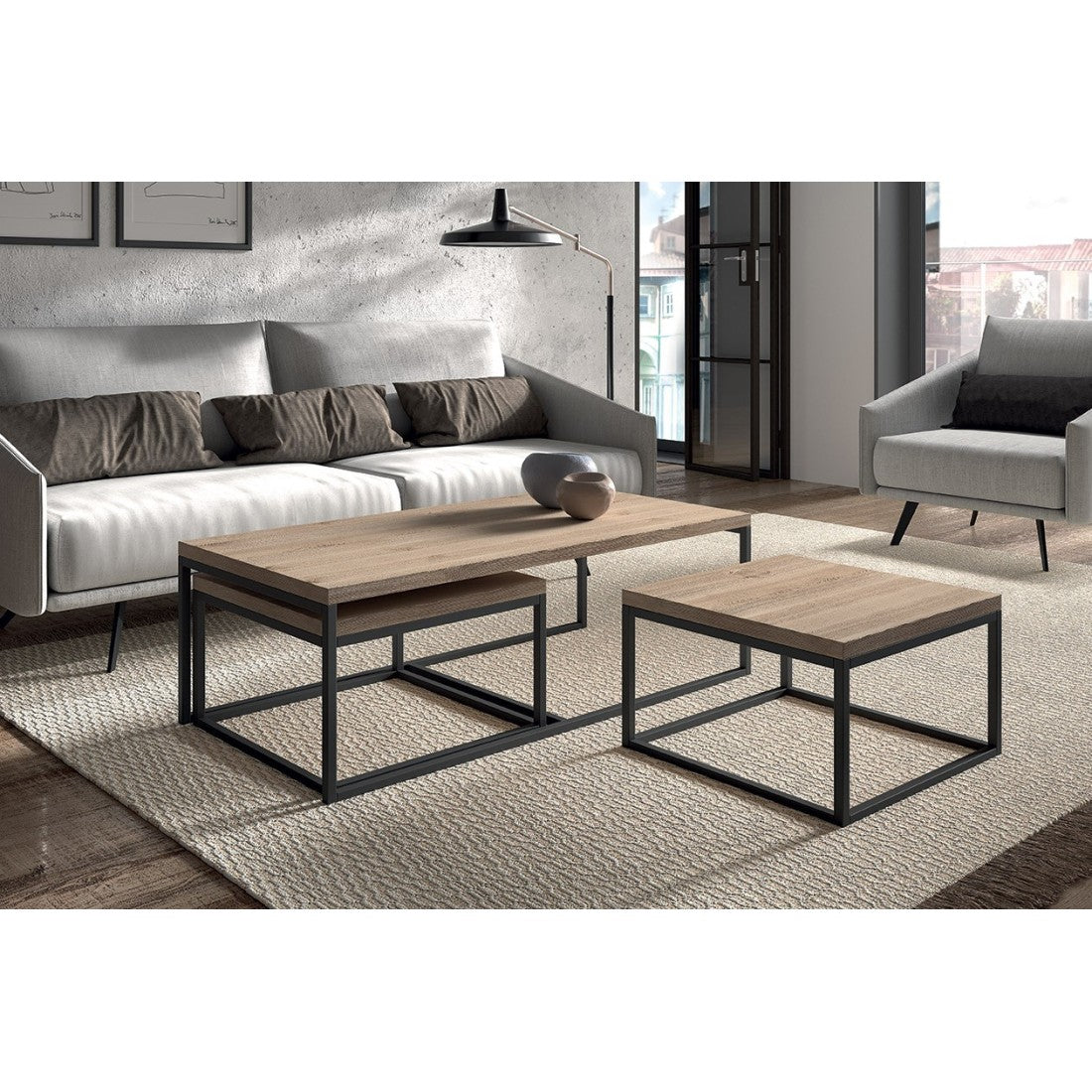 Tavolino stile industriale HELLINGTON effetto vecchia quercia - Tavolino basso - Set di 3 pezzi