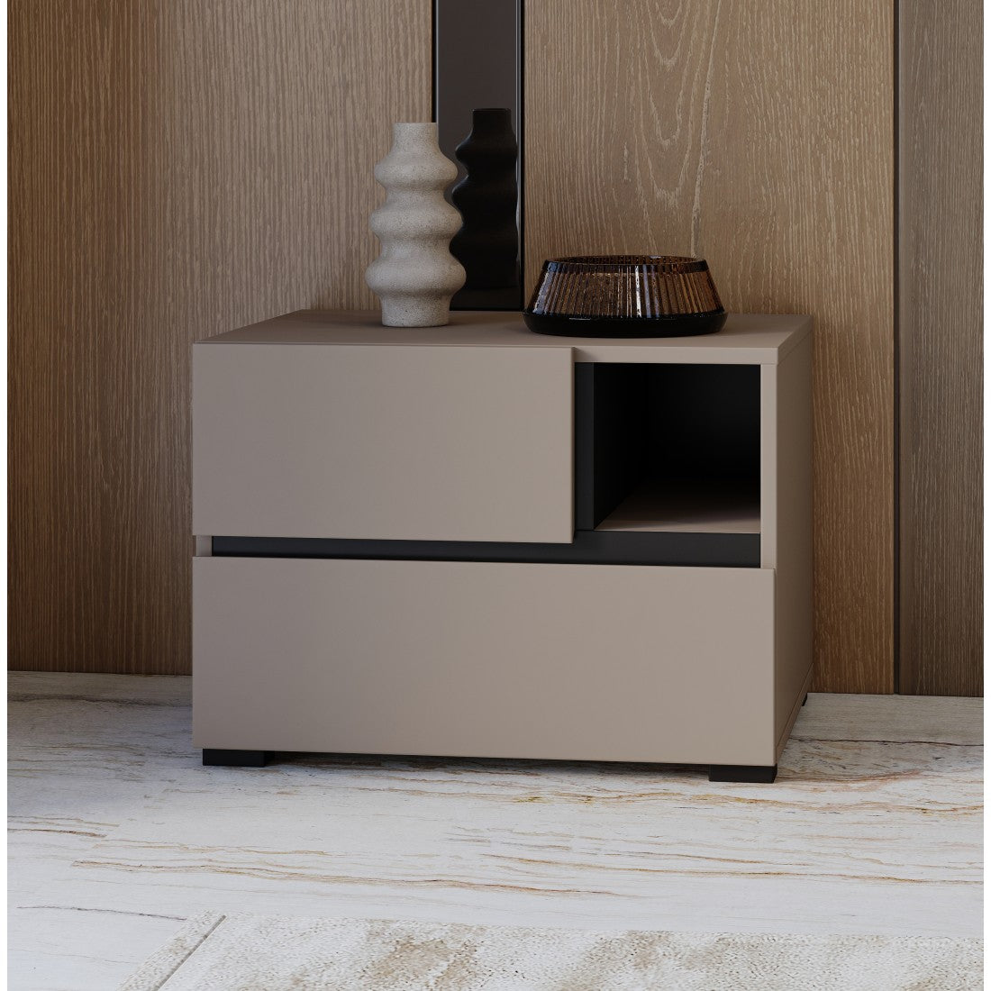 Comodino HAVANA beige e nero - 2 cassetti e 1 vano - Contenitore moderno e design elegante