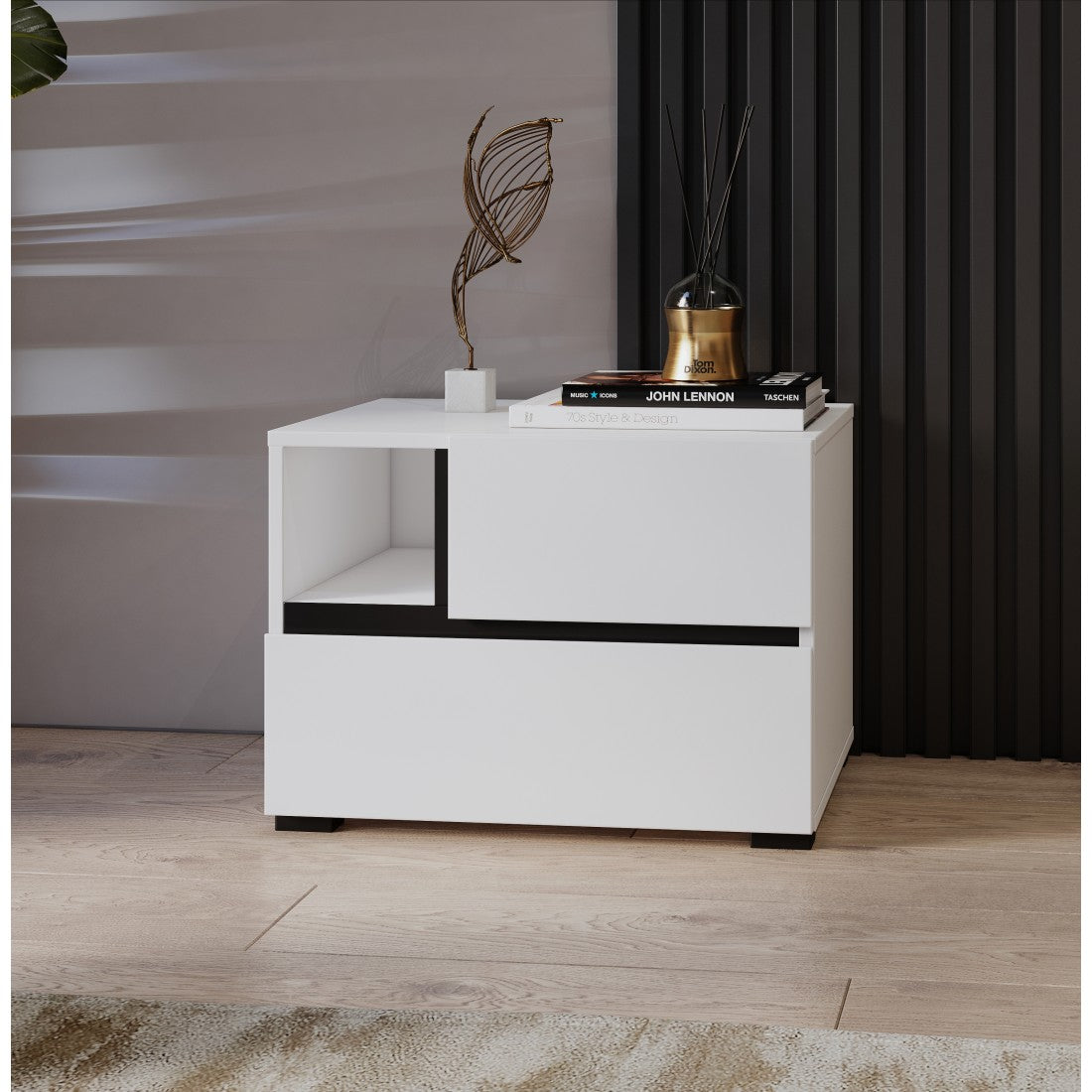 Tavolino da notte HAVANA bianco e nero – 2 cassetti e 1 nicchia – Design contemporaneo e funzionale