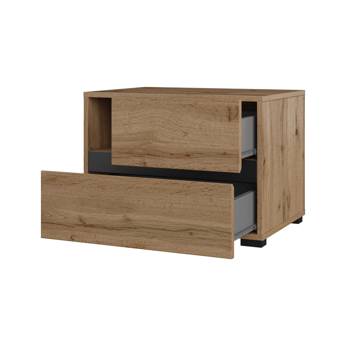 Tavolino da notte HAVANA in quercia e nero - 2 cassetti e 1 nicchia - Stile naturale e storage pratico