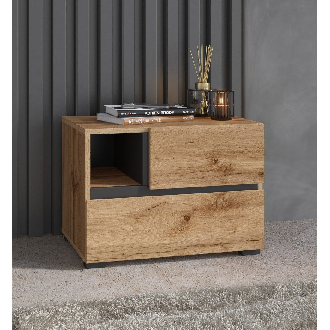 Tavolino da notte HAVANA in quercia e nero - 2 cassetti e 1 nicchia - Stile naturale e storage pratico