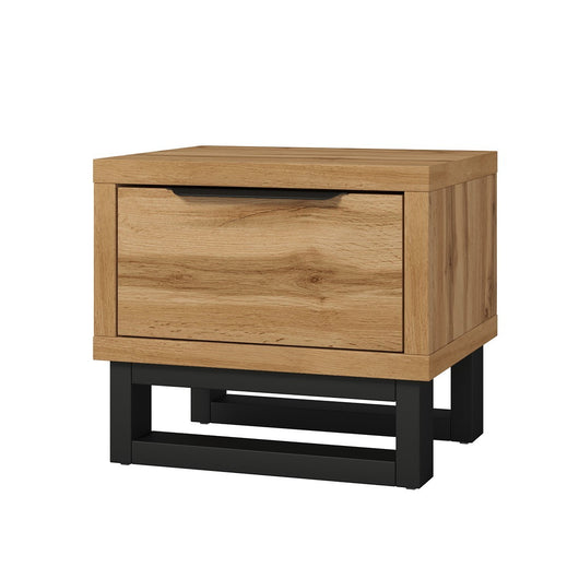 Comodino in stile industriale con un ampio cassetto, collezione MILOS. Colore rovere grezzo.